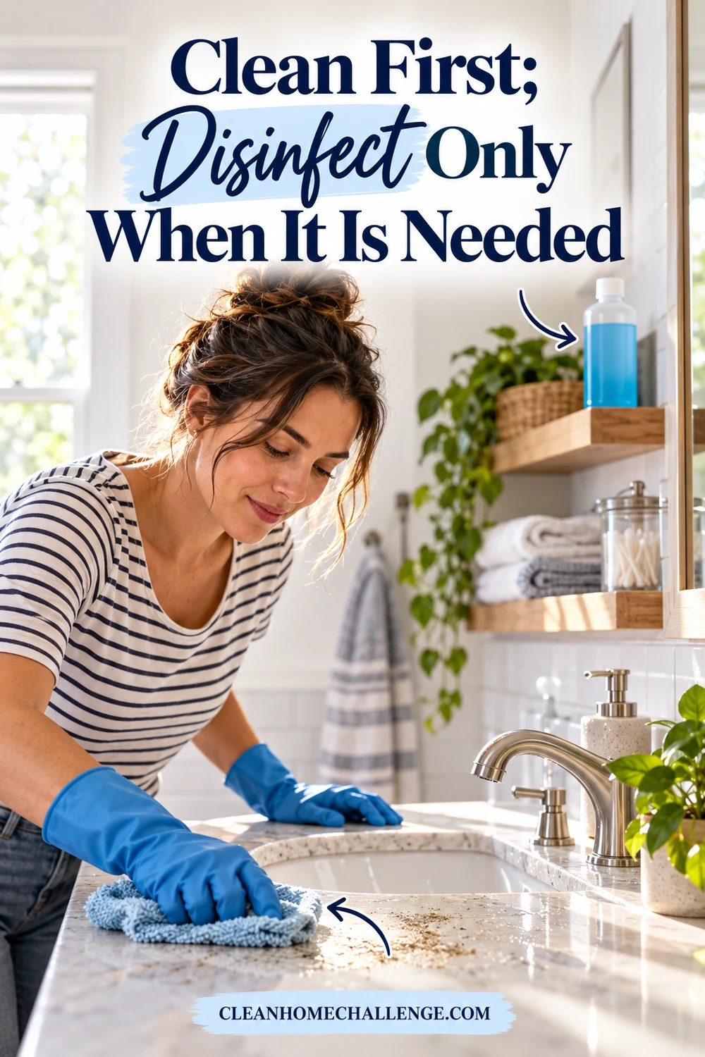 Adult wiping a bathroom sink with a cloth before considering a disinfectant