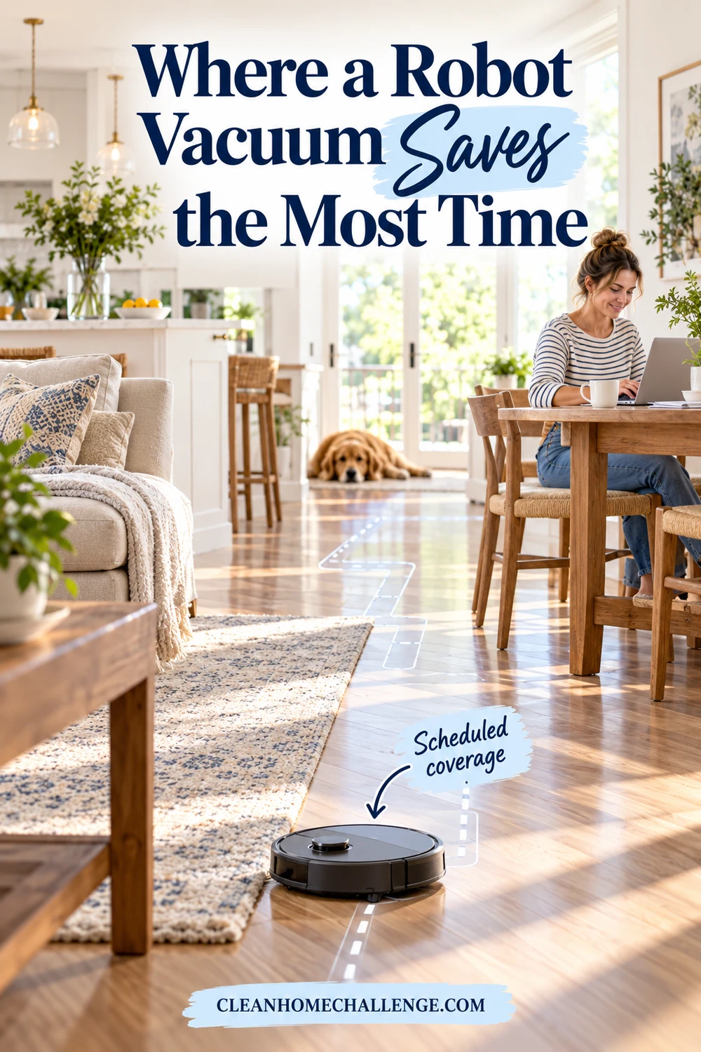 a robot vacuum following an orderly route across an open living and dining area while a parent works nearby