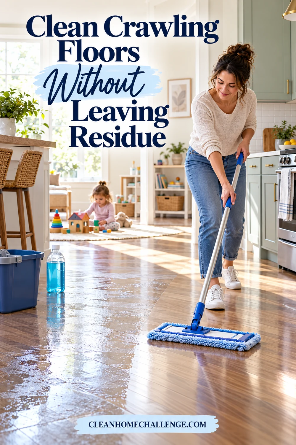 Adult mopping a kitchen floor with a flat mop while a child plays at a distance