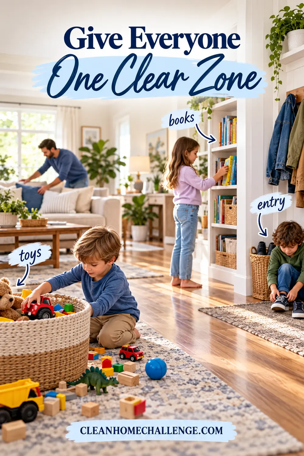 Family members handling separate tidy zones for toys, dishes, shoes and cushions.
