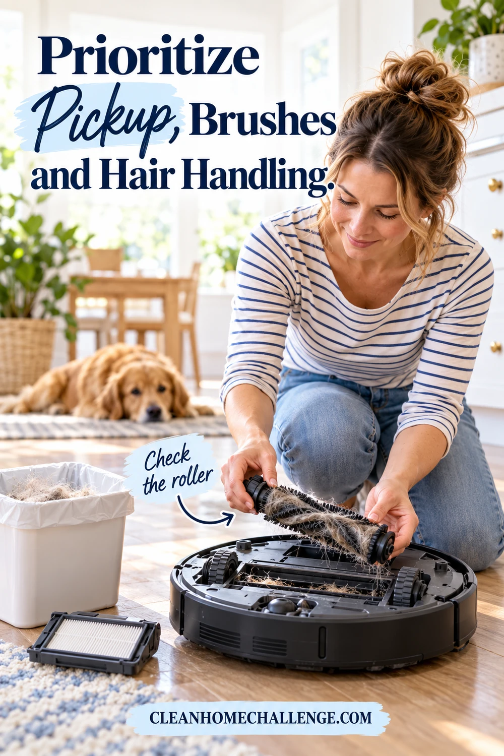 close editorial view of a parent removing a roller brush and pet hair from a robot vacuum beside a small dustbin and replacement filter