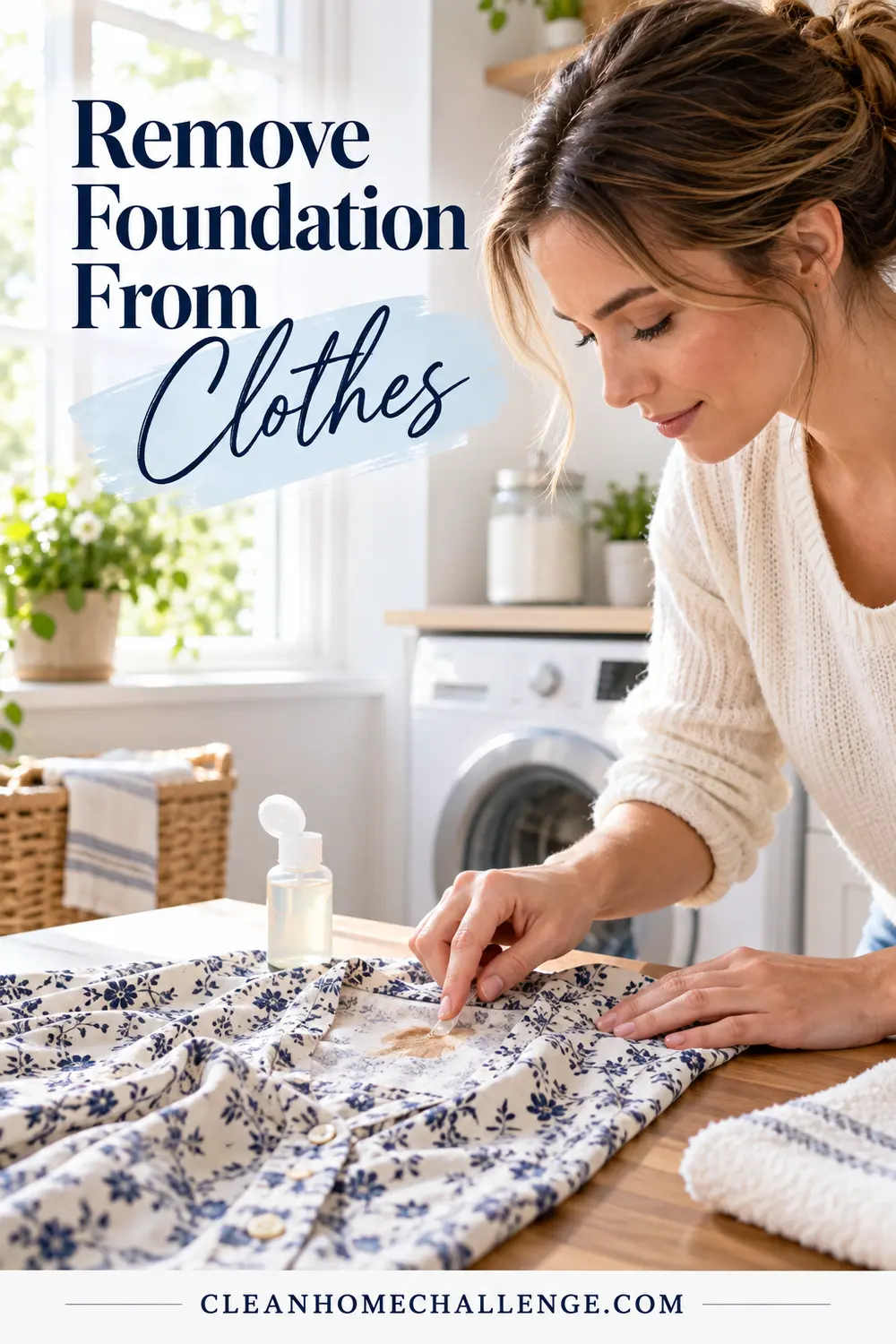Woman pretreating a foundation mark on a floral blouse near a washer