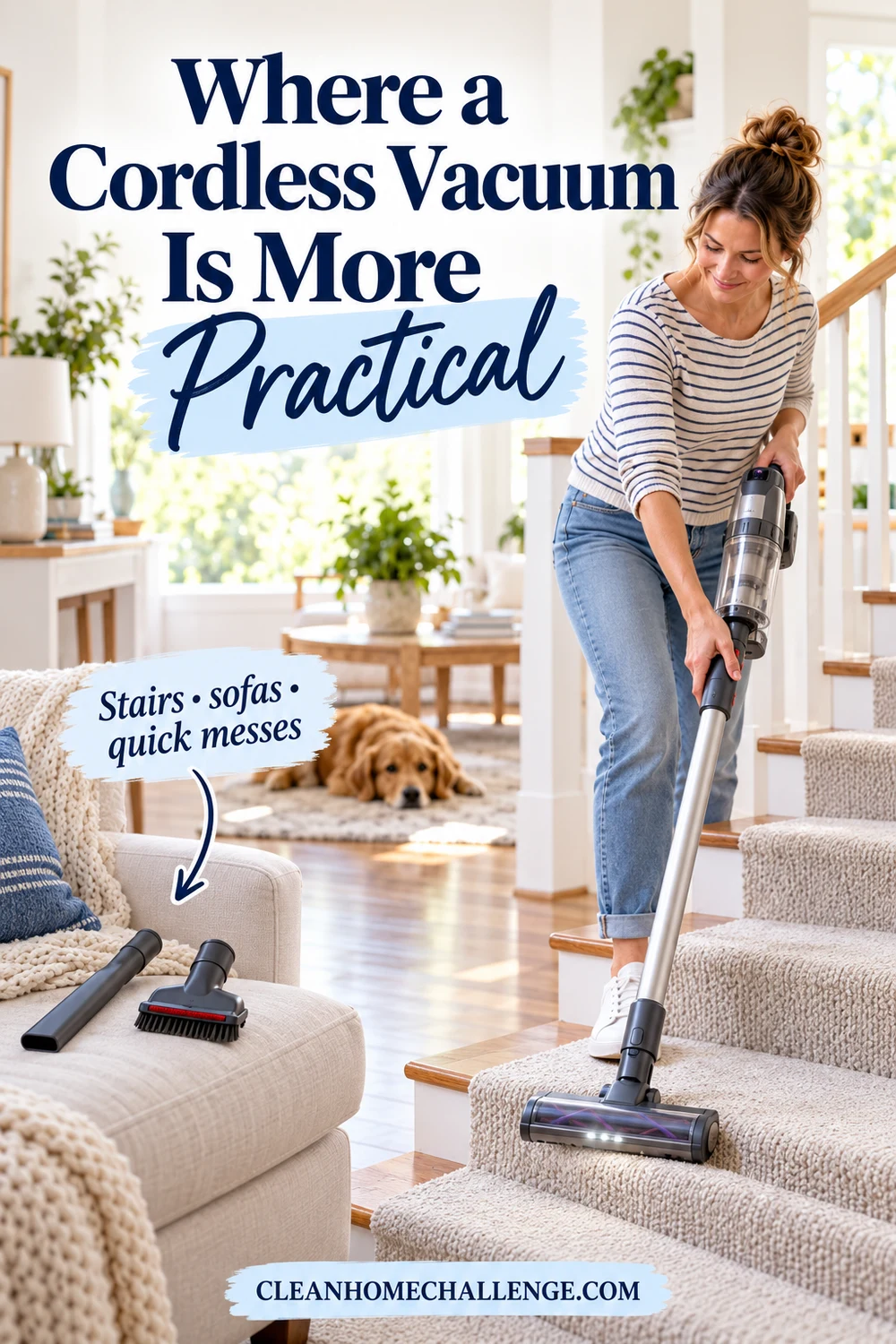 a parent quickly using a cordless stick vacuum on stairs and switching to a sofa attachment