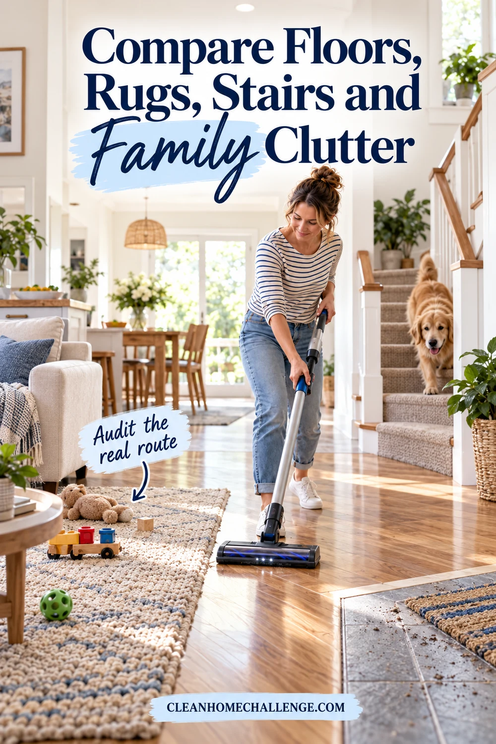 a believable home route with hardwood, low rug, threshold, stairs, toys and both vacuum types