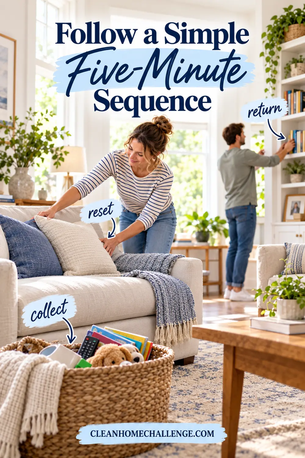 Three-stage family tidy showing collect, reset and return in five-minute blocks.