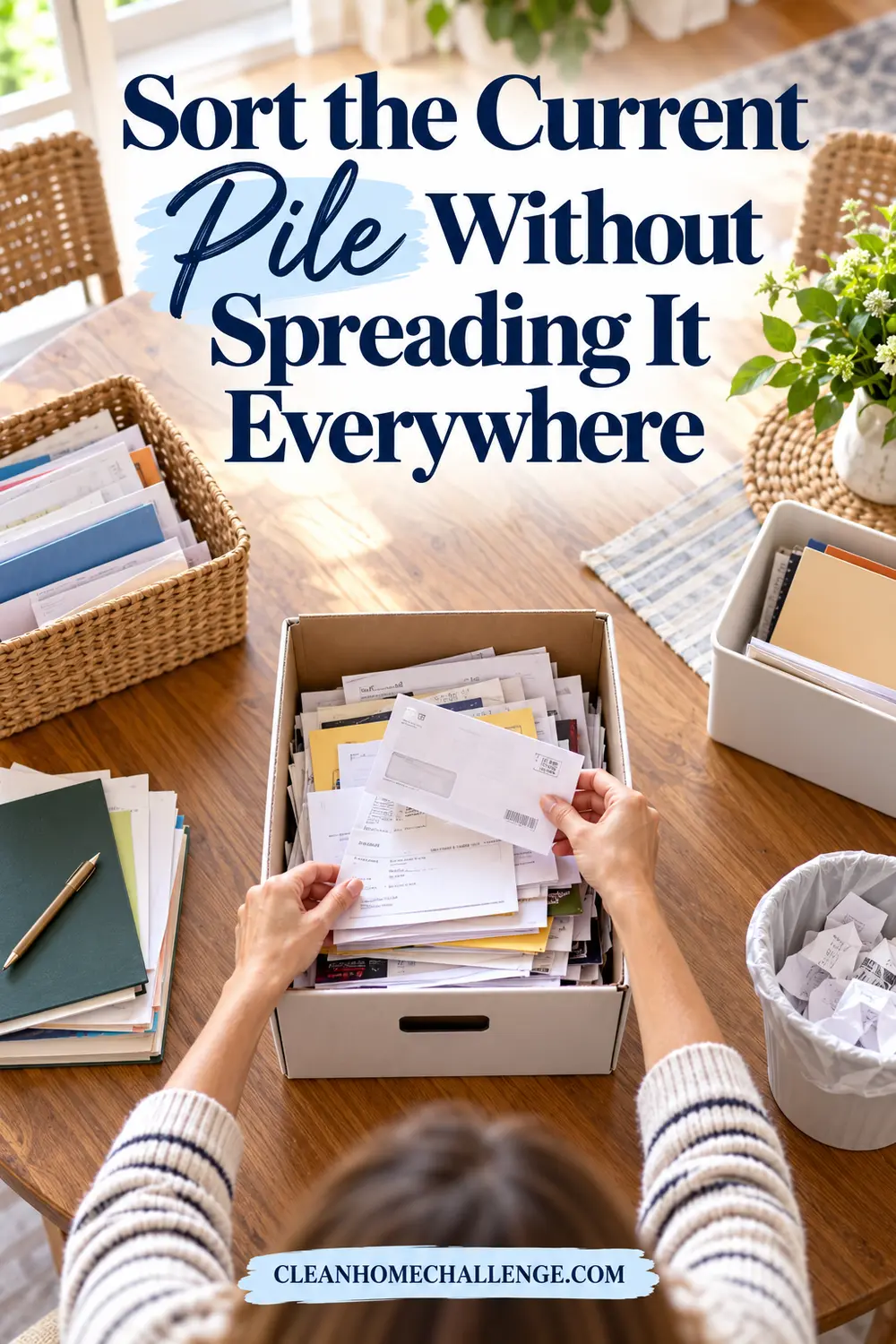 Hands sorting papers from one contained box at a dining table with recycling nearby.