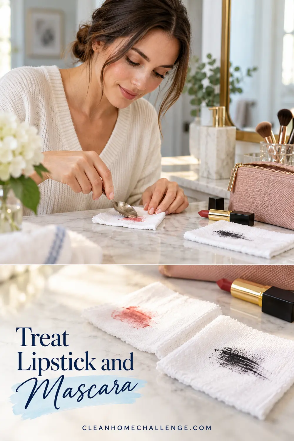 Lipstick and mascara marks on separate white cloths while a woman tends one