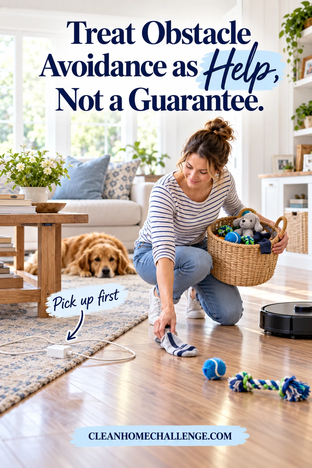 a family member doing a two-minute floor pickup of cords, socks and pet toys before a robot vacuum starts, with safe clear paths