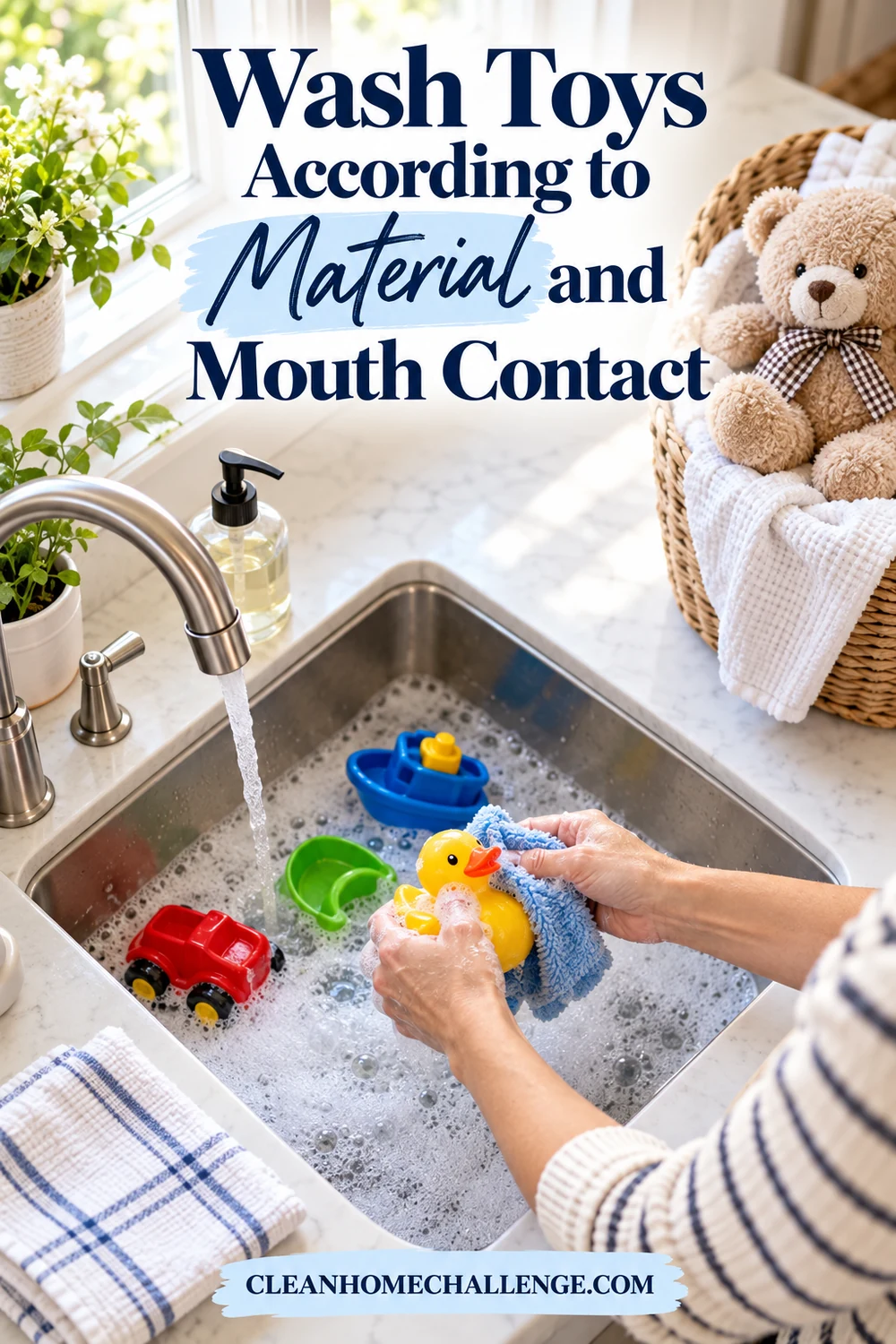 Hands washing plastic toys in a sink with a soft toy set aside