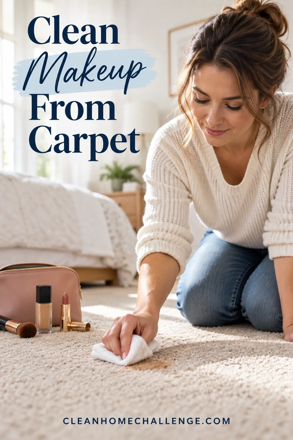 Woman blotting a light-carpet foundation mark with a white cloth