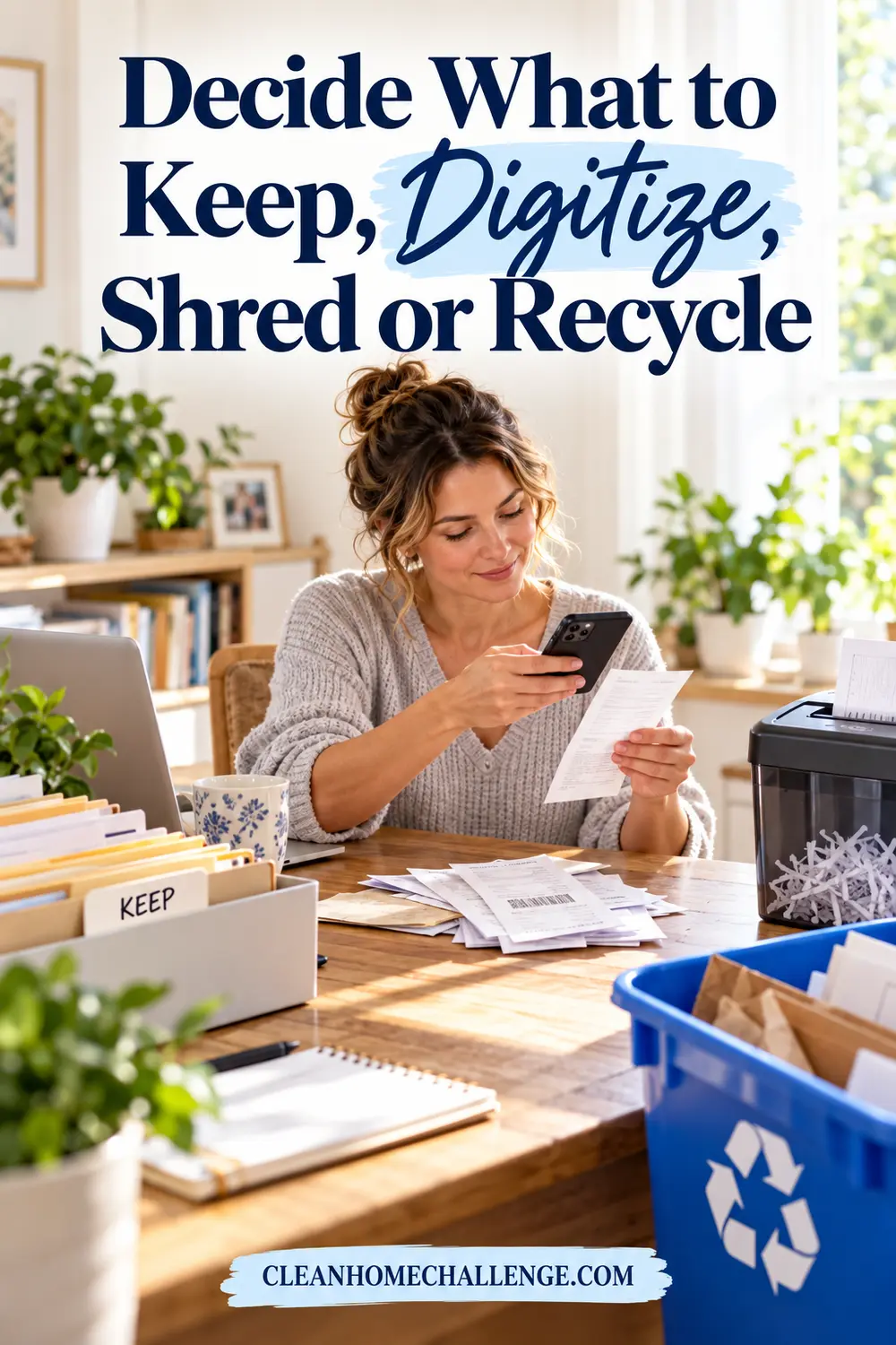 Woman scanning a household bill by phone beside a file box, shredder, and recycling bin.