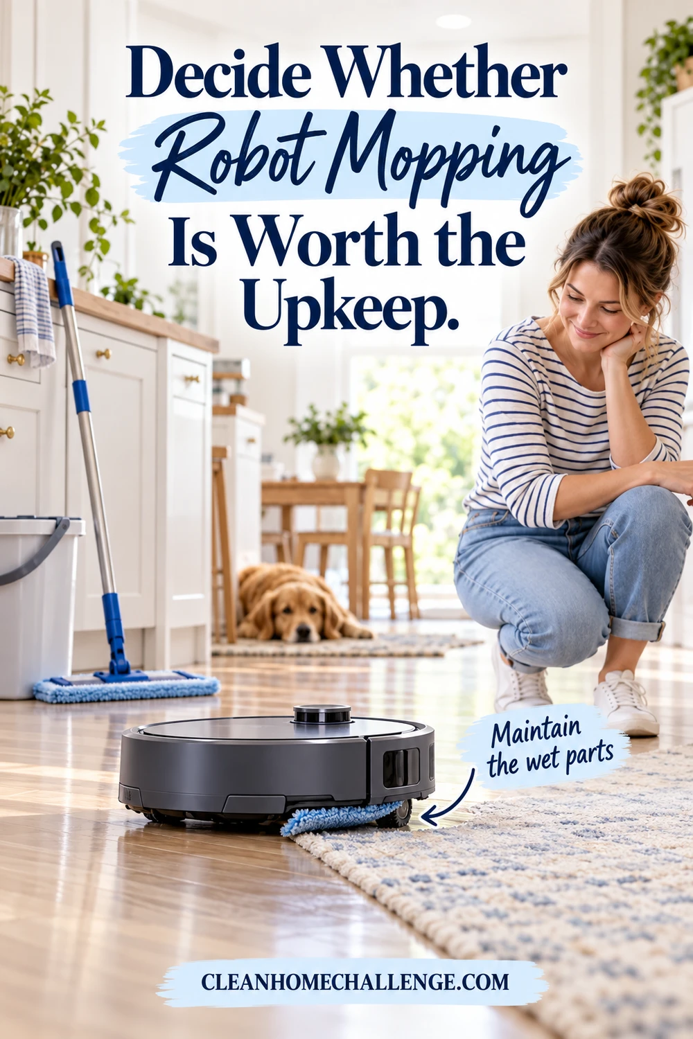 a realistic combo robot moving from sealed hard floor toward a rug while its mop pad is visibly lifted, with a manual mop stored nearby