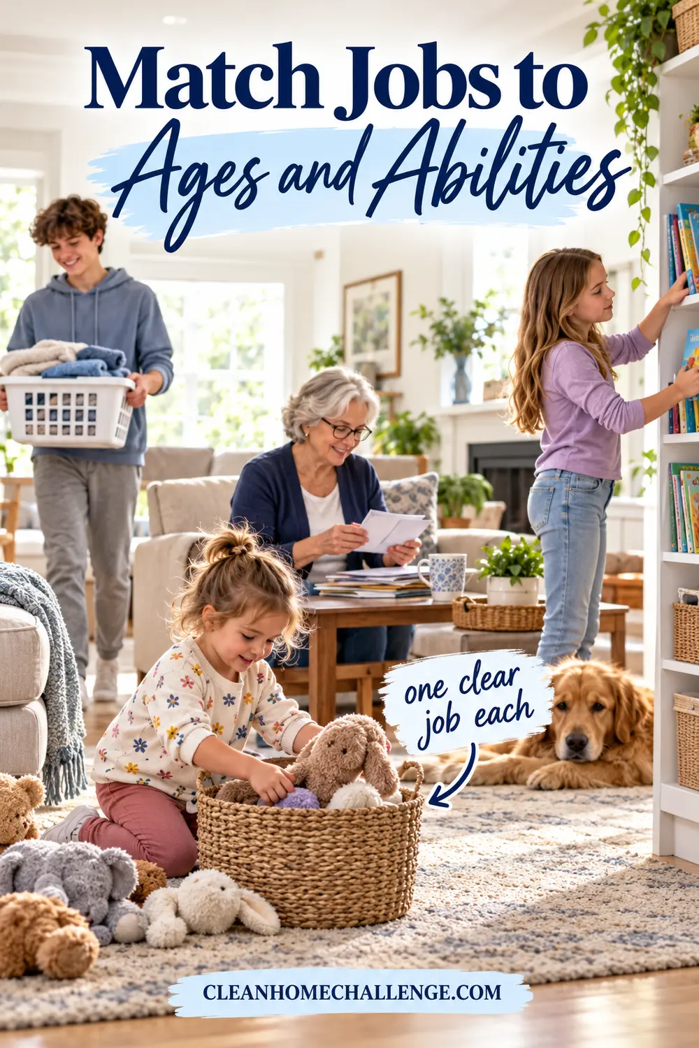 Young child sorting toys, older child carrying laundry and adult handling a heavier tidy job.