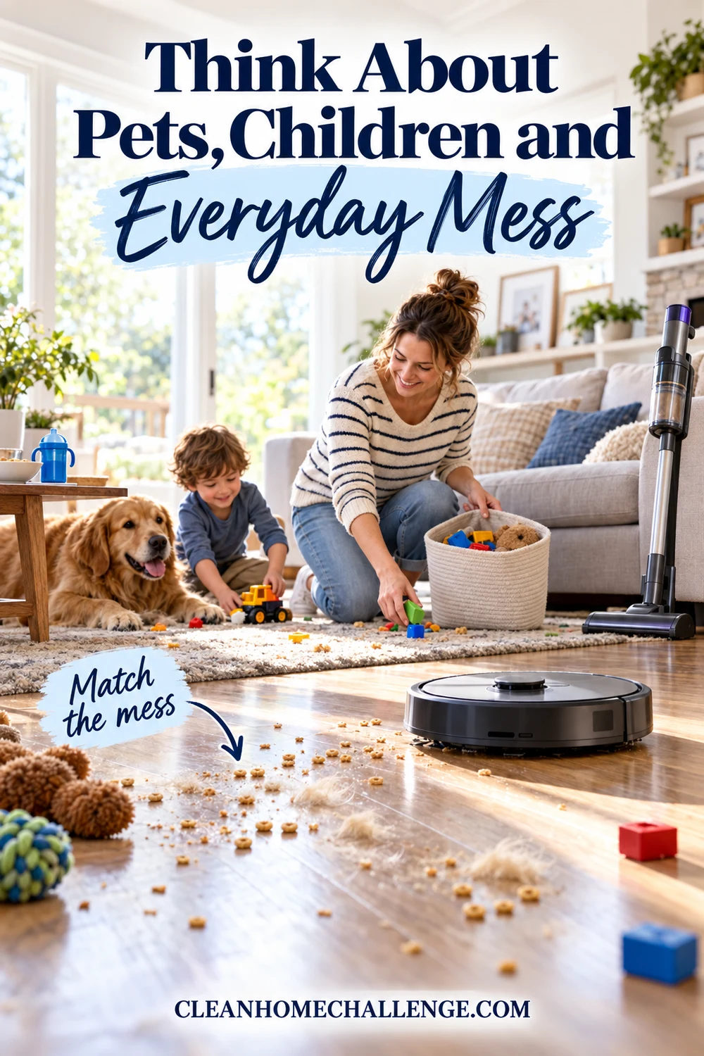 a family room with a shedding dog, cereal crumbs, toys moved aside, robot and cordless vacuum used appropriately