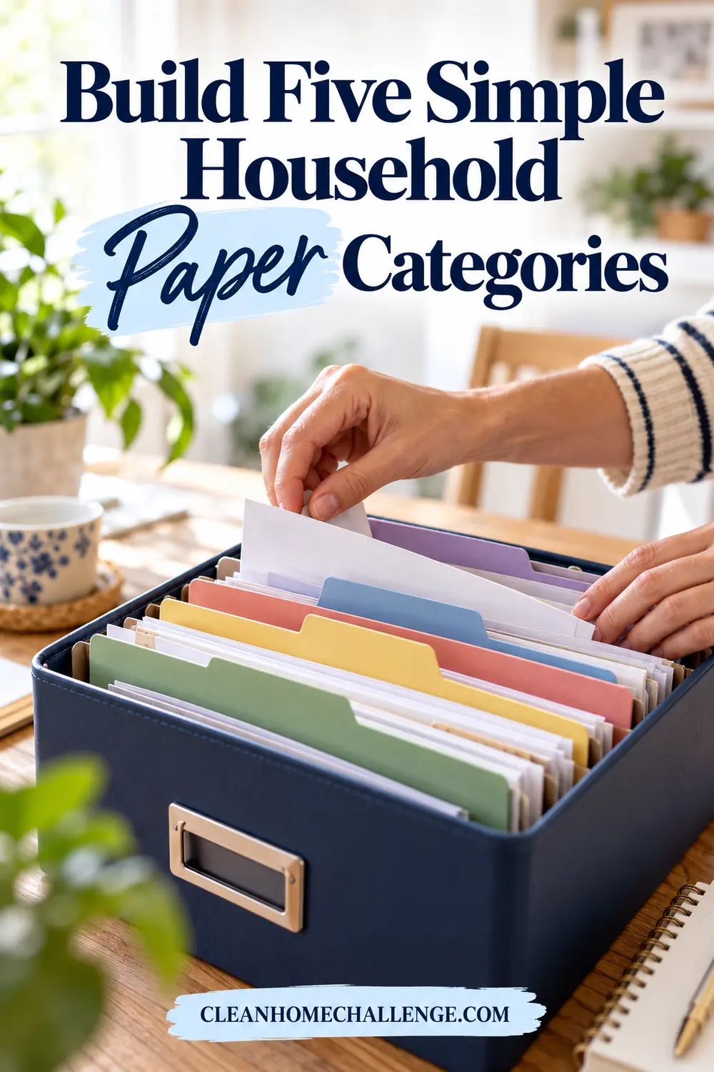 Hands filing a paper among five broad dividers in a portable household file box.