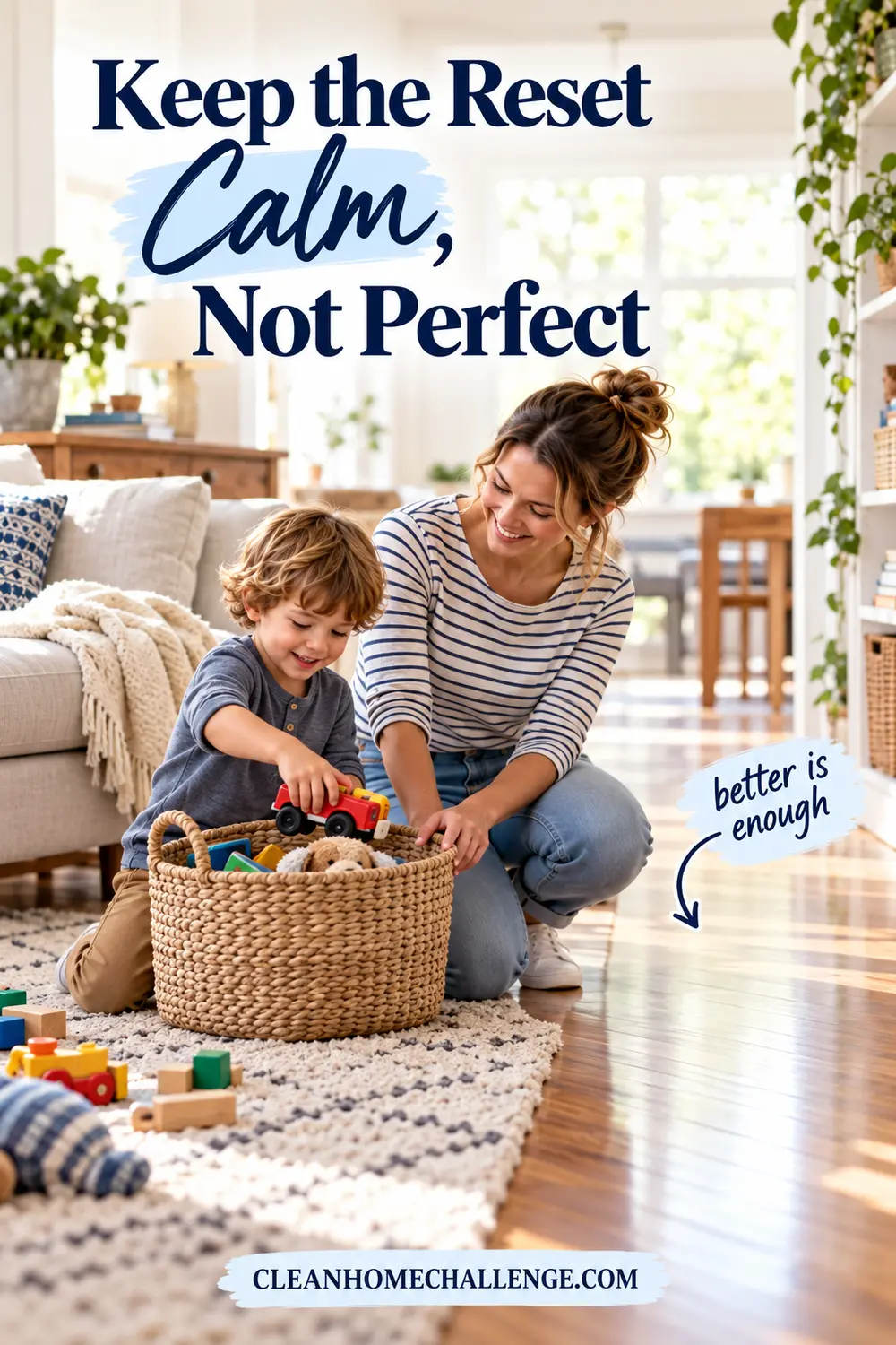 Relaxed family tidying together without rushing while a timer counts down.
