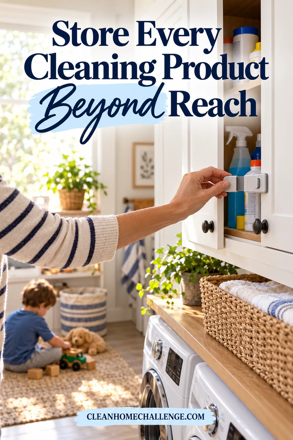 Hand securing cleaning supplies in an upper laundry cabinet