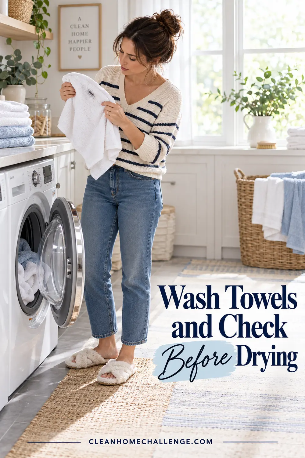 Striped-sweater woman checking a stained white towel beside an open washer