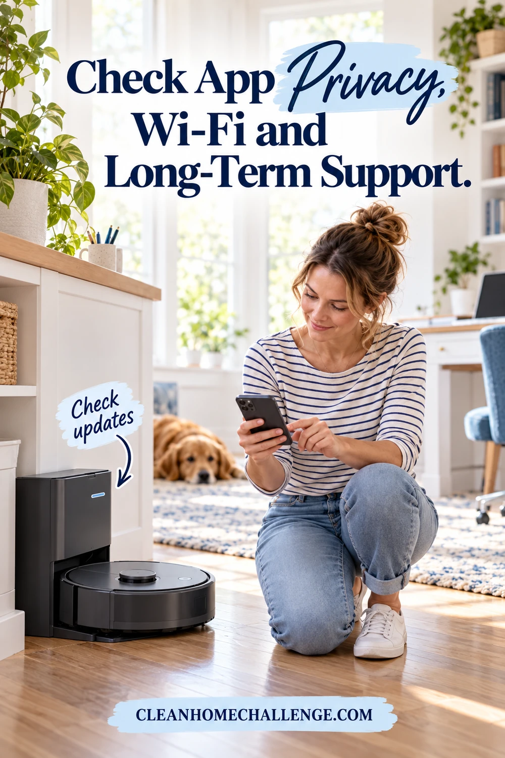 an adult reviewing privacy and update settings on a phone beside a docked robot vacuum in a calm home office