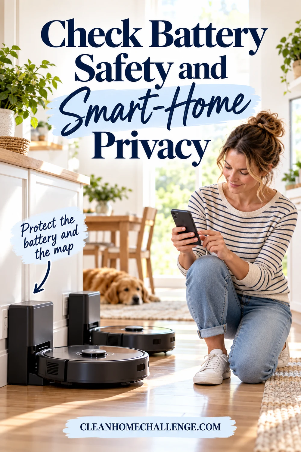 an adult checking an unbranded phone privacy screen beside safe chargers and both vacuums