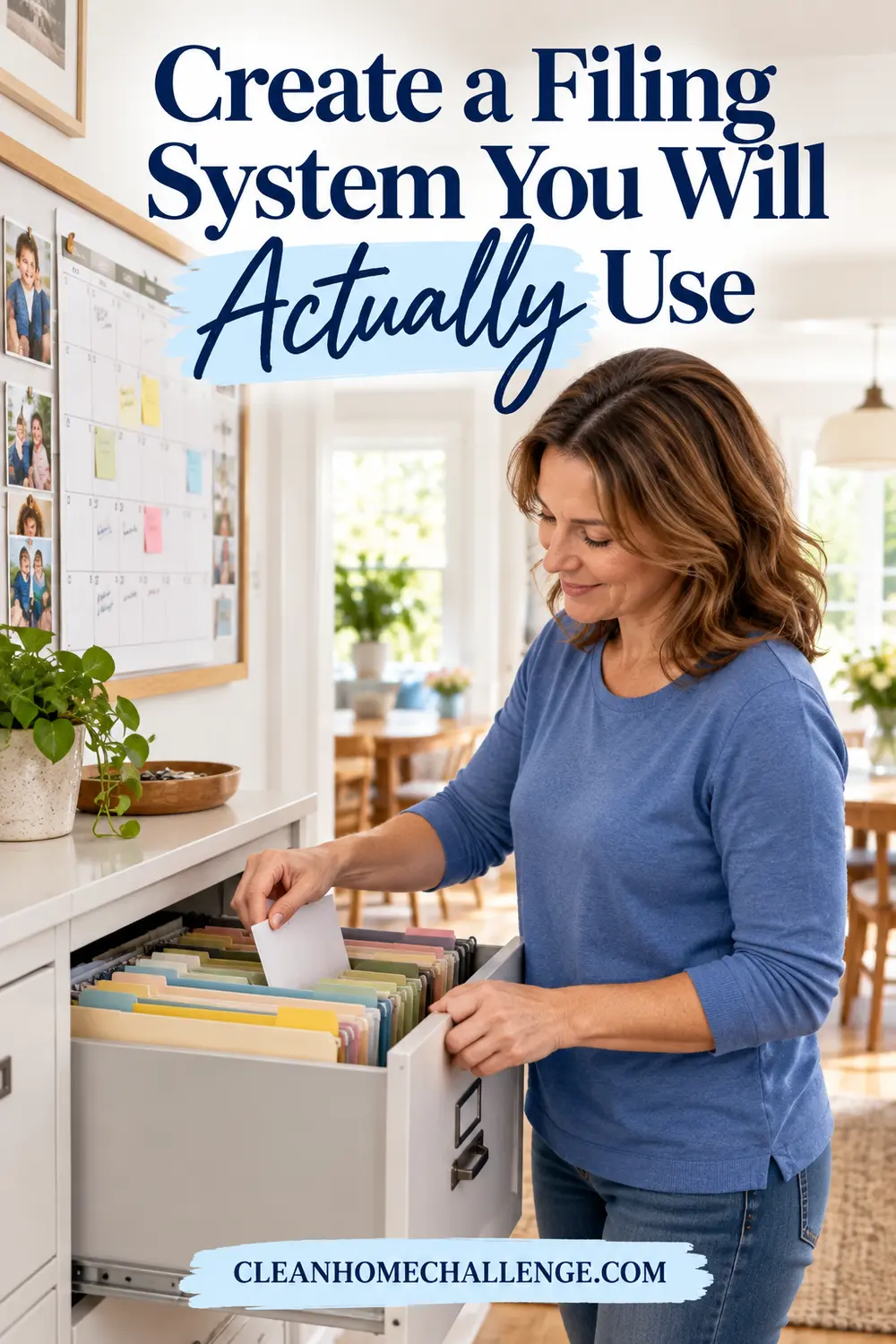 Woman filing a document in an accessible home office drawer beside a family calendar.