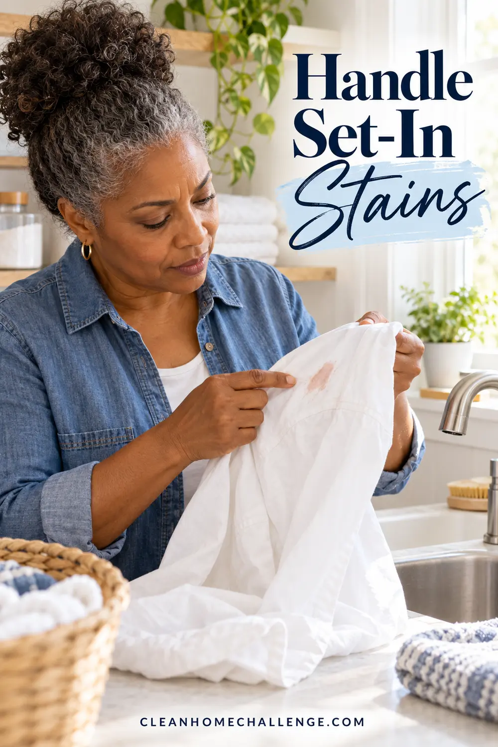 Older woman examining a lingering makeup mark on a white shirt