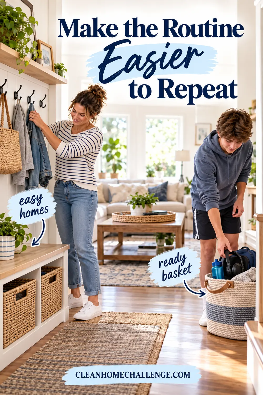 Easy family storage with toy basket, backpack hooks, remote tray and relocation basket.