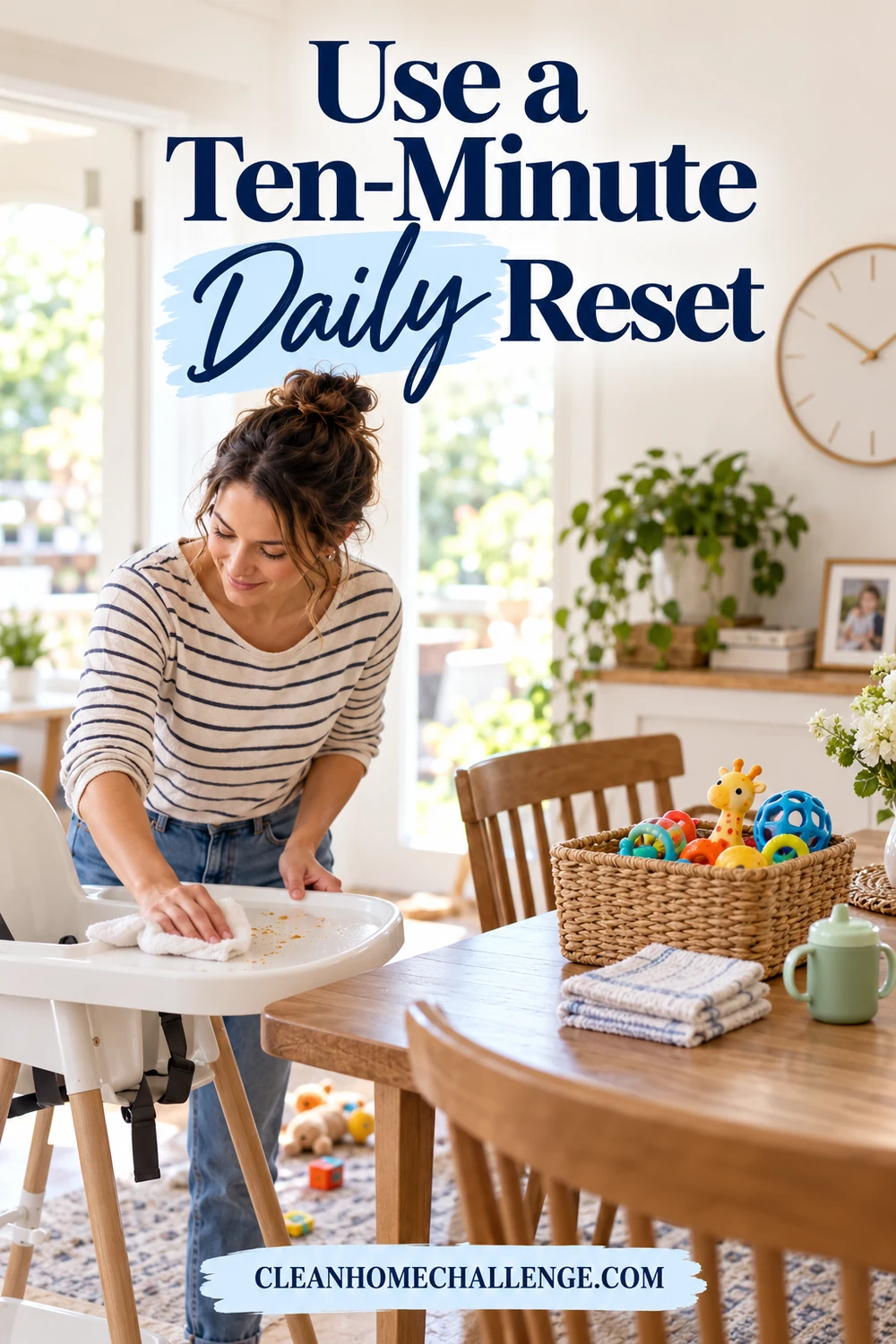 Parent wiping a high chair after a family meal