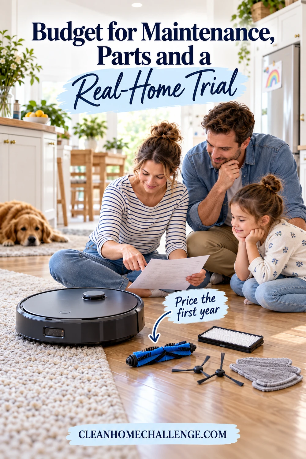 a family checking a one-year cost list and replacement brush beside a robot vacuum during a real-home trial on mixed flooring