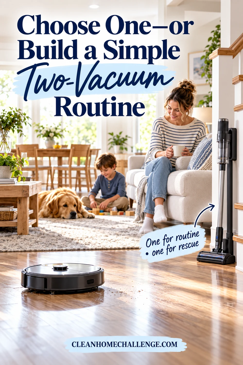 a calm weekly routine scene with robot covering open floors and cordless ready for stairs and sofa