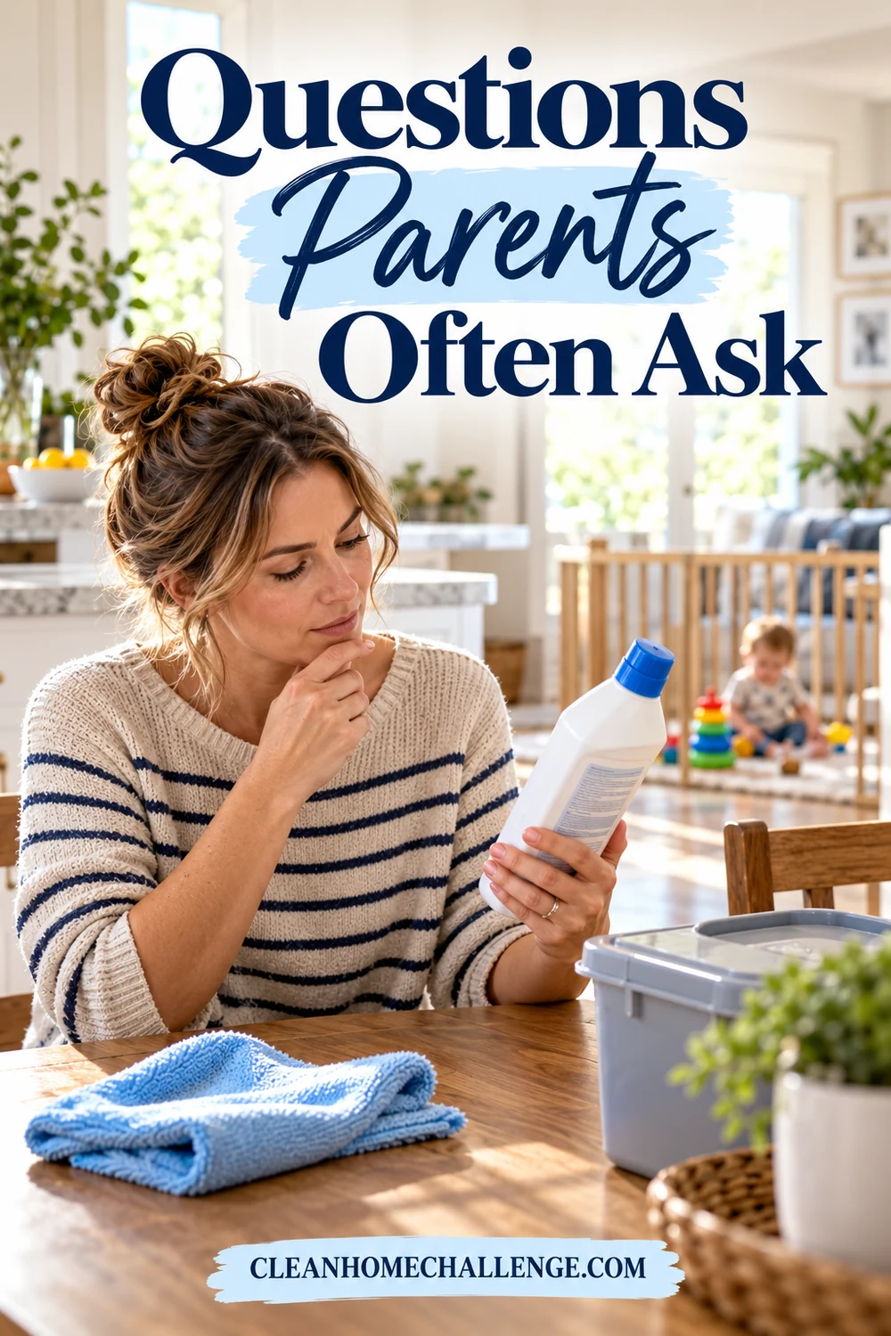 Parent reading a cleaner label while a child plays at a safe distance