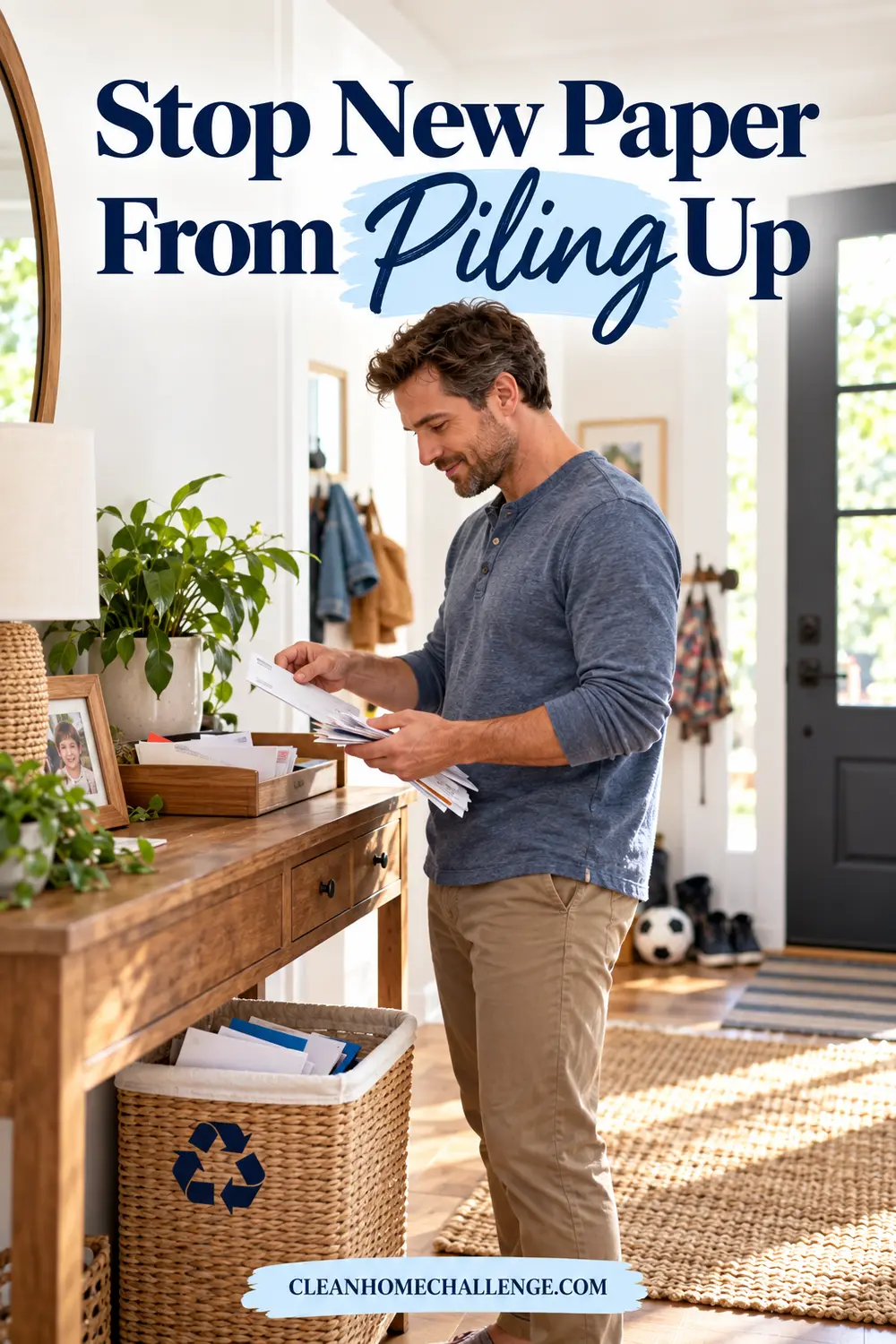 Father sorting incoming mail at an entryway console beside an action tray and recycling basket.