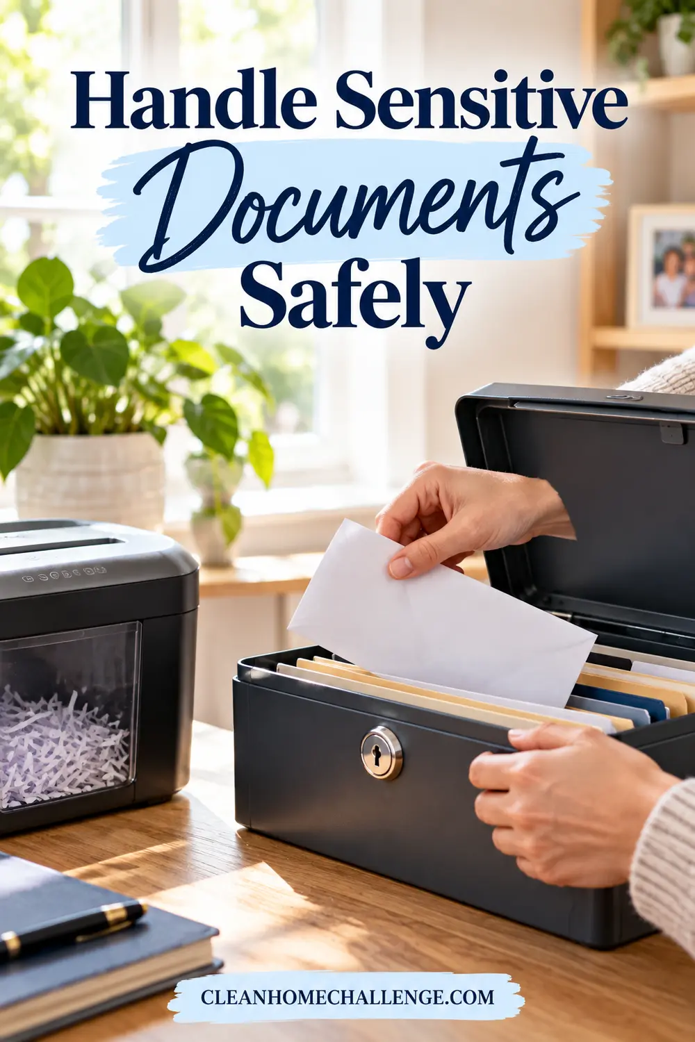 Hands putting an unmarked document into a locked box beside a cross-cut shredder.