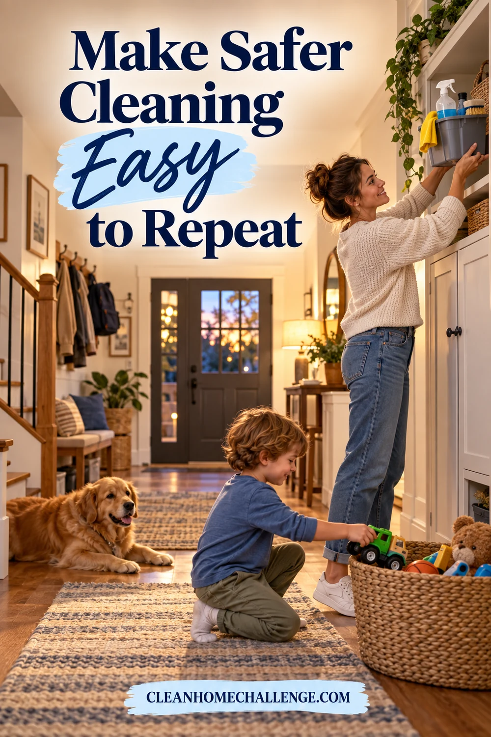 Adult storing a cleaning caddy up high in a family entryway