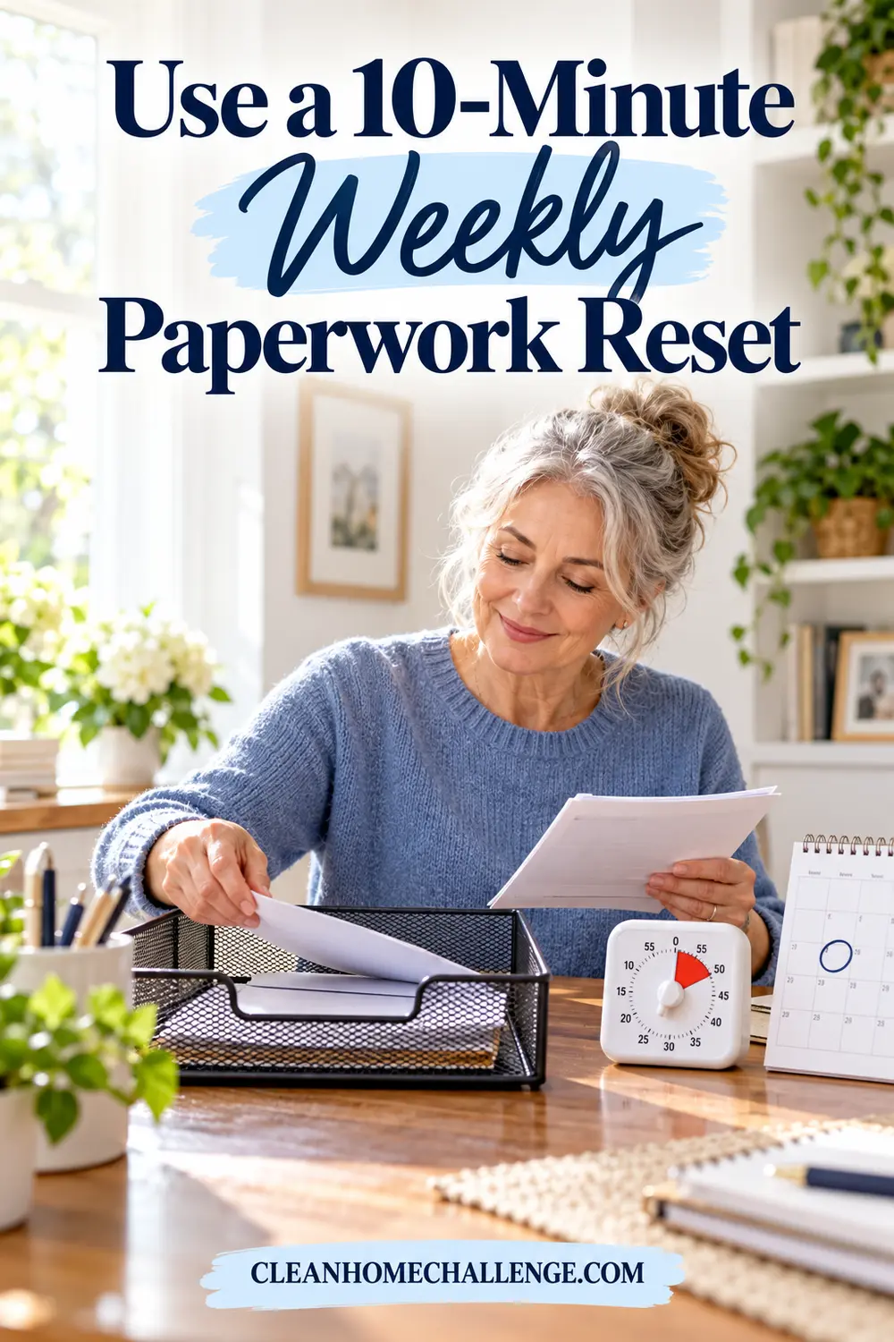 Older woman reviewing a small paper tray beside a ten-minute timer and calendar.