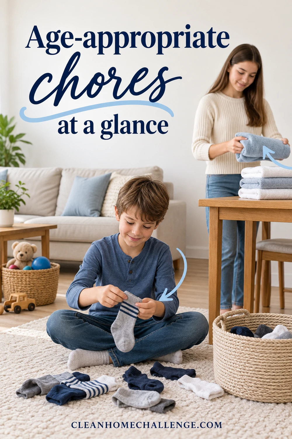 A child pairs socks while a teen folds towels in a bright family room.