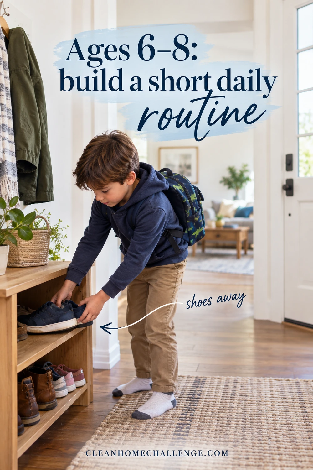 A school-age child places shoes on a low entryway shelf.