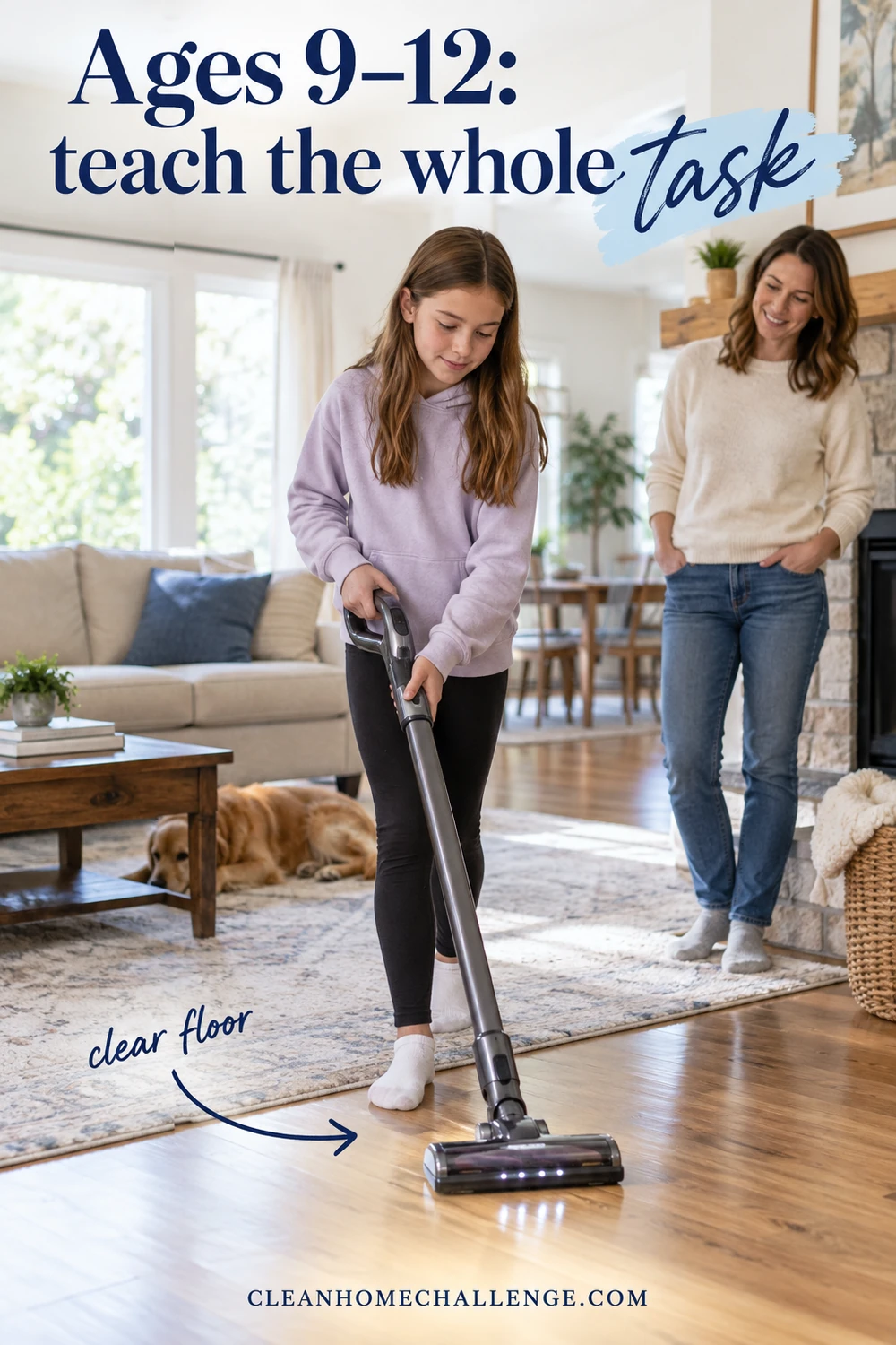 An older child vacuums a clear floor while her mother supervises.