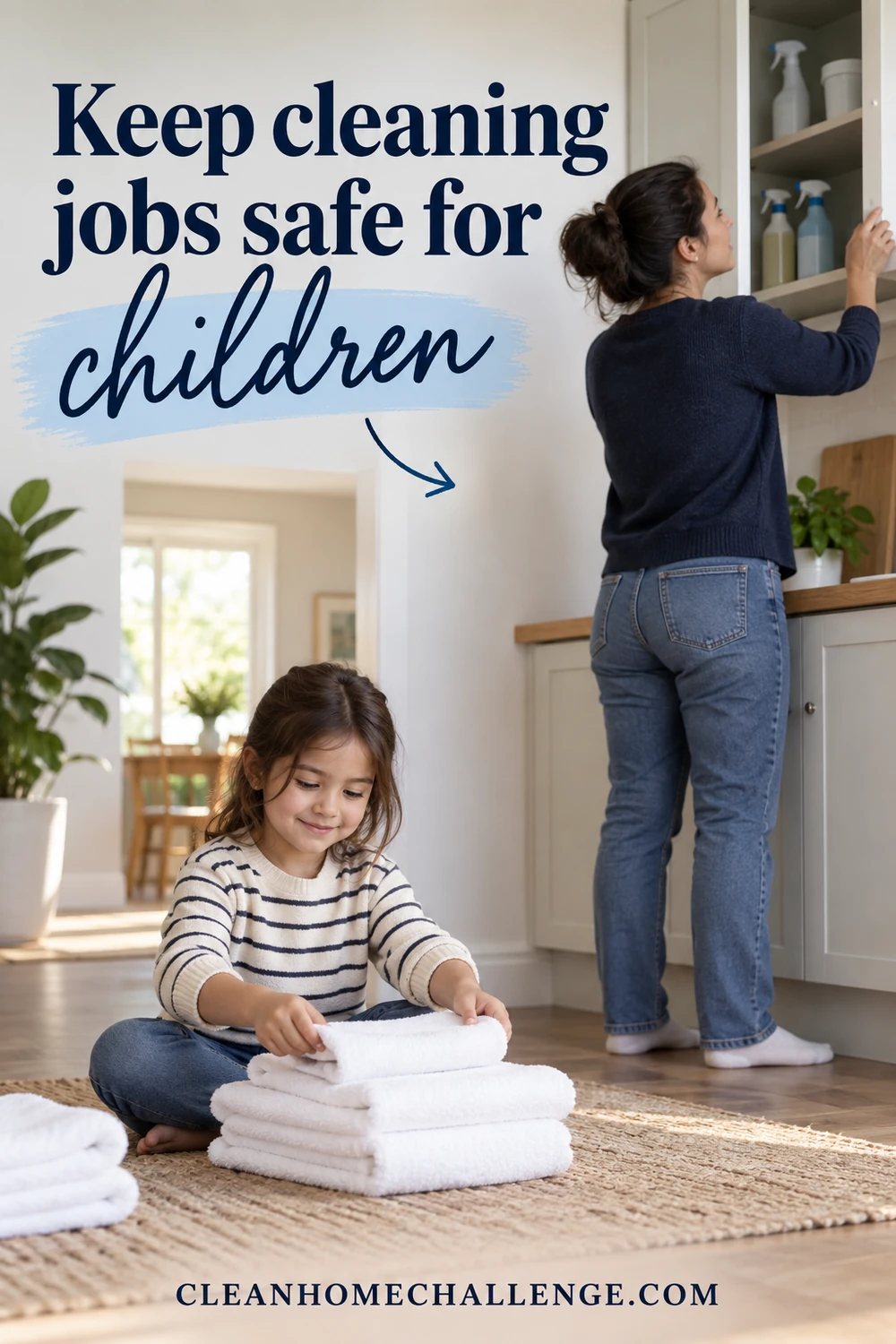 An adult stores cleaning products in a high cupboard as a child folds towels below.