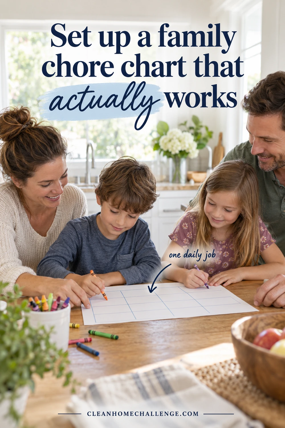 Parents and children draw a simple weekly grid together at a kitchen table.