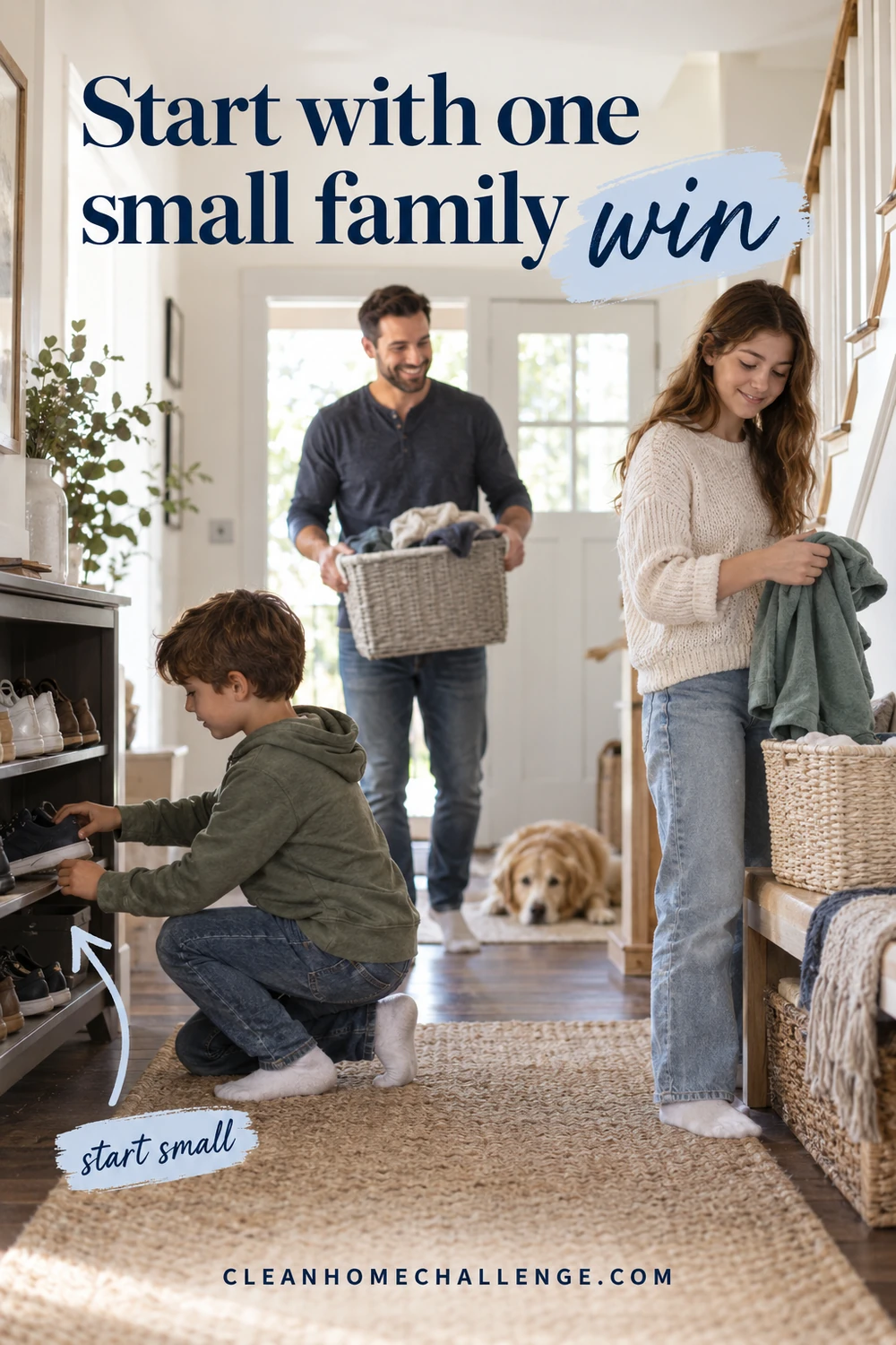 Three family members put away shoes and laundry during a short home reset.