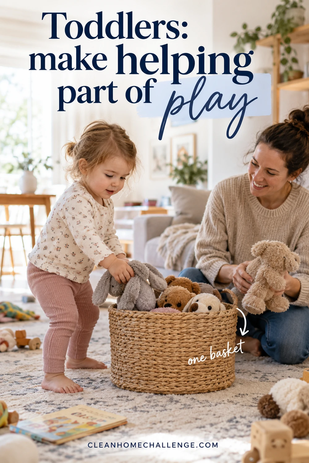 A toddler puts plush toys into a low basket while her mother helps.