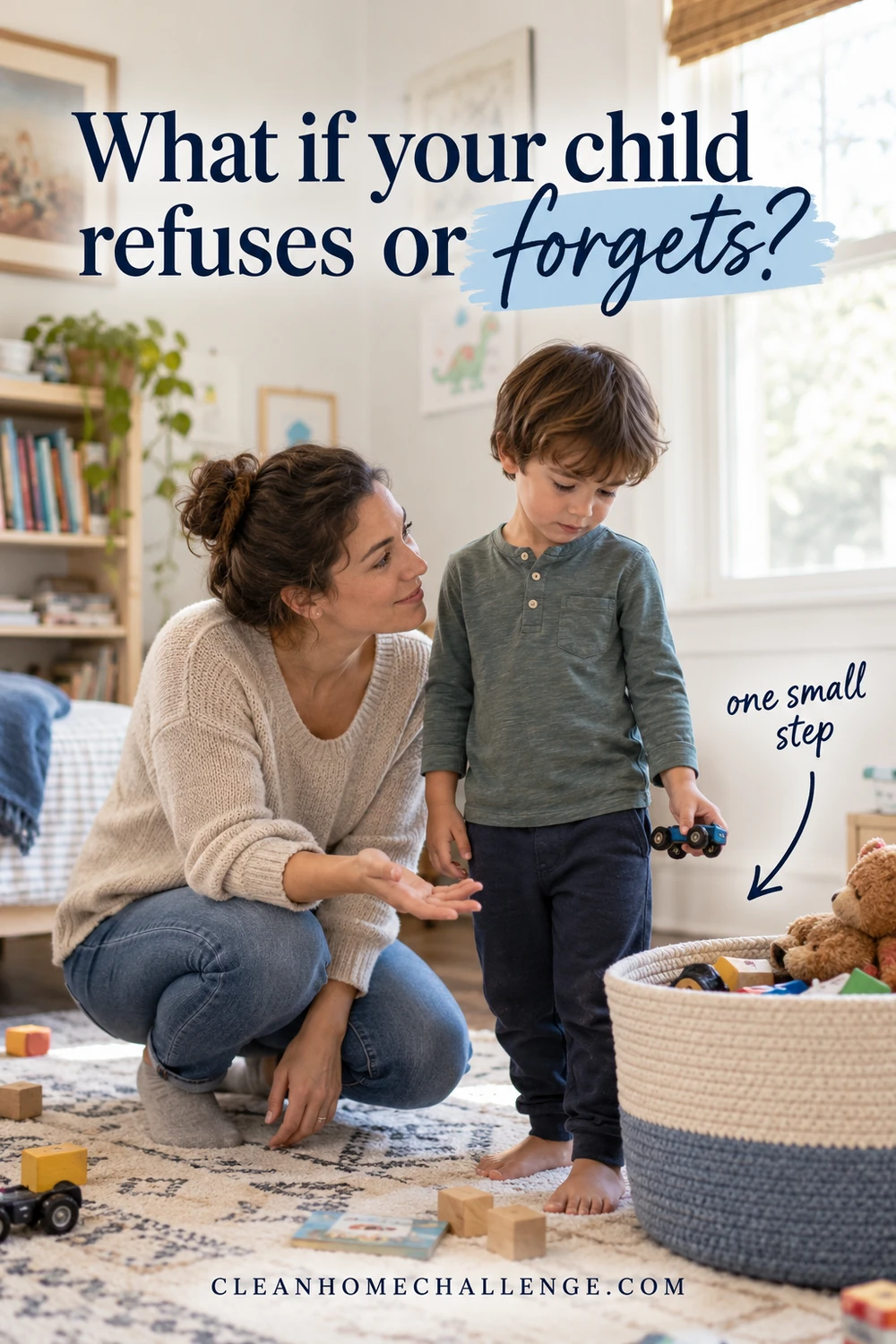 A parent calmly guides a child through a small toy tidy in a bedroom.