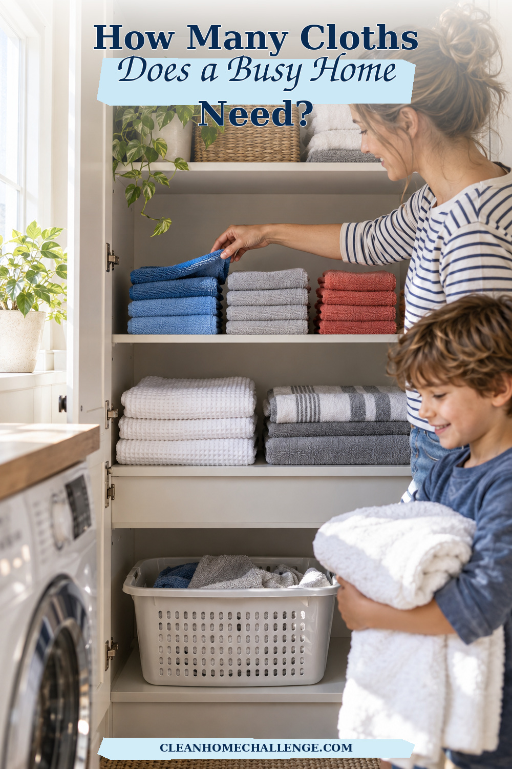 Family organizing clean microfiber cloths in a laundry cupboard