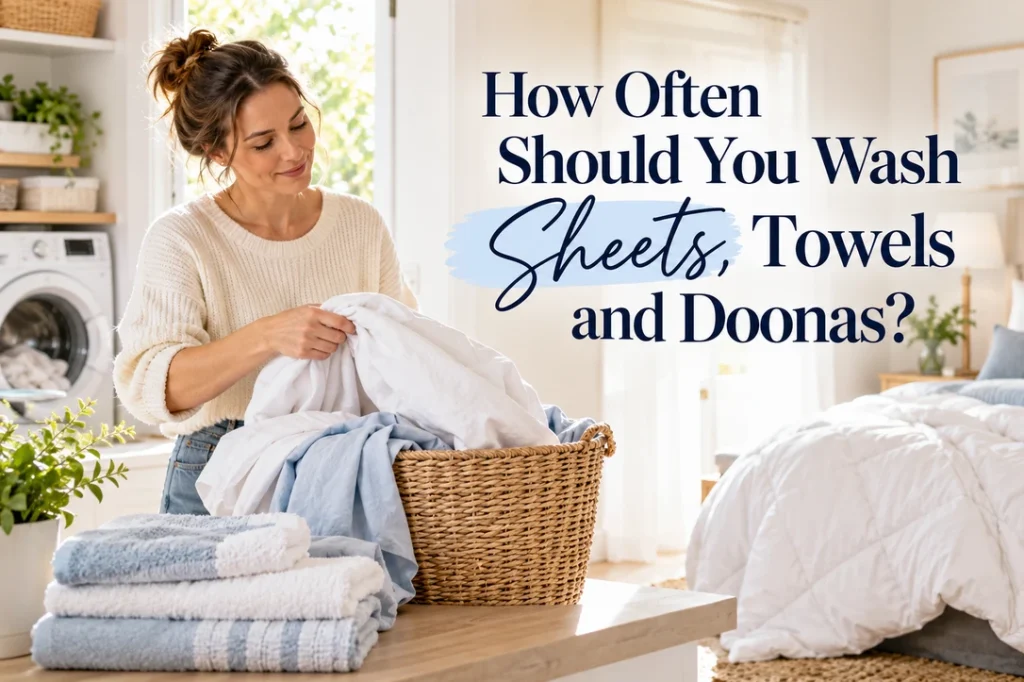 Woman sorting white sheets and blue towels beside a bed and washing machine