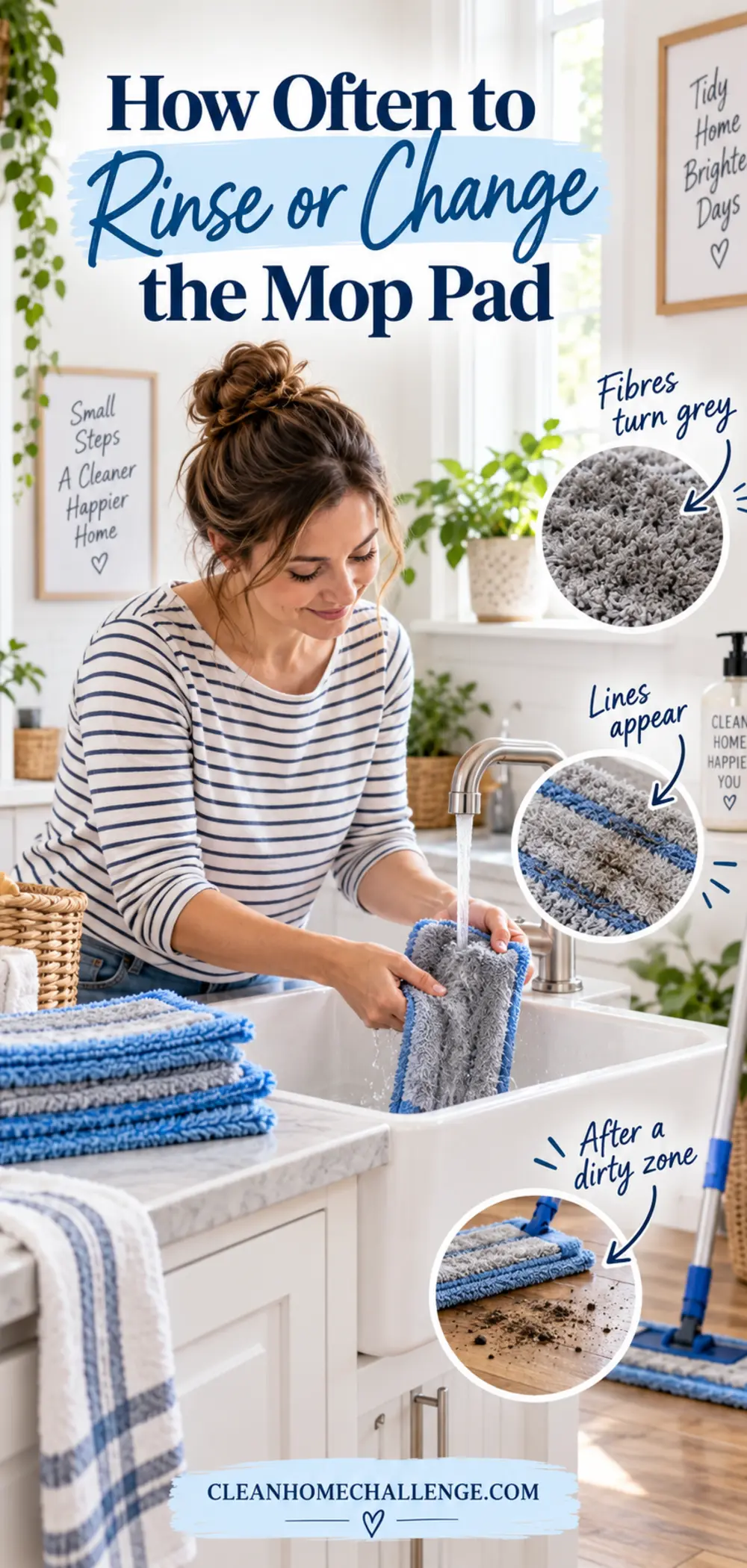 Mum rinsing a grey microfiber mop pad under clear water in a utility sink.