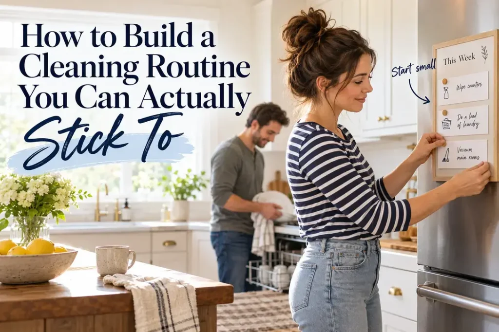 Woman in a striped shirt building a simple weekly cleaning routine on a kitchen planner