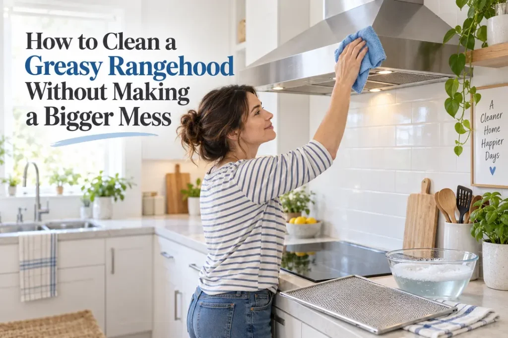 Clean stainless steel rangehood above a cooktop with the article title displayed in the design.