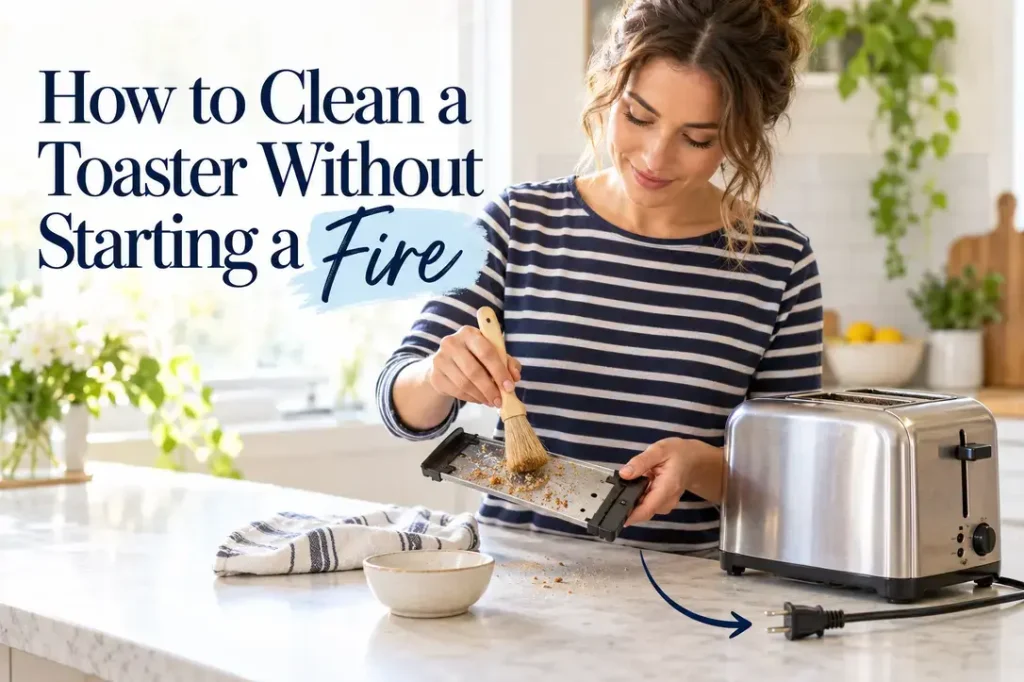 Woman in a striped shirt brushing crumbs from a removed toaster tray beside an unplugged stainless steel toaster.