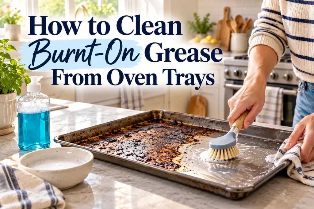 A baking tray with burnt-on grease being cleaned with a soft dish brush on a kitchen counter.